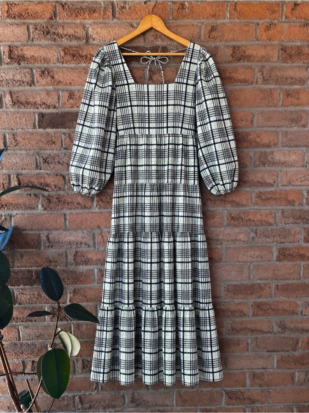 TOPSHOP Plaid Tiered Maxi Dress Puff Sleeve Square Neck Lime US 4
